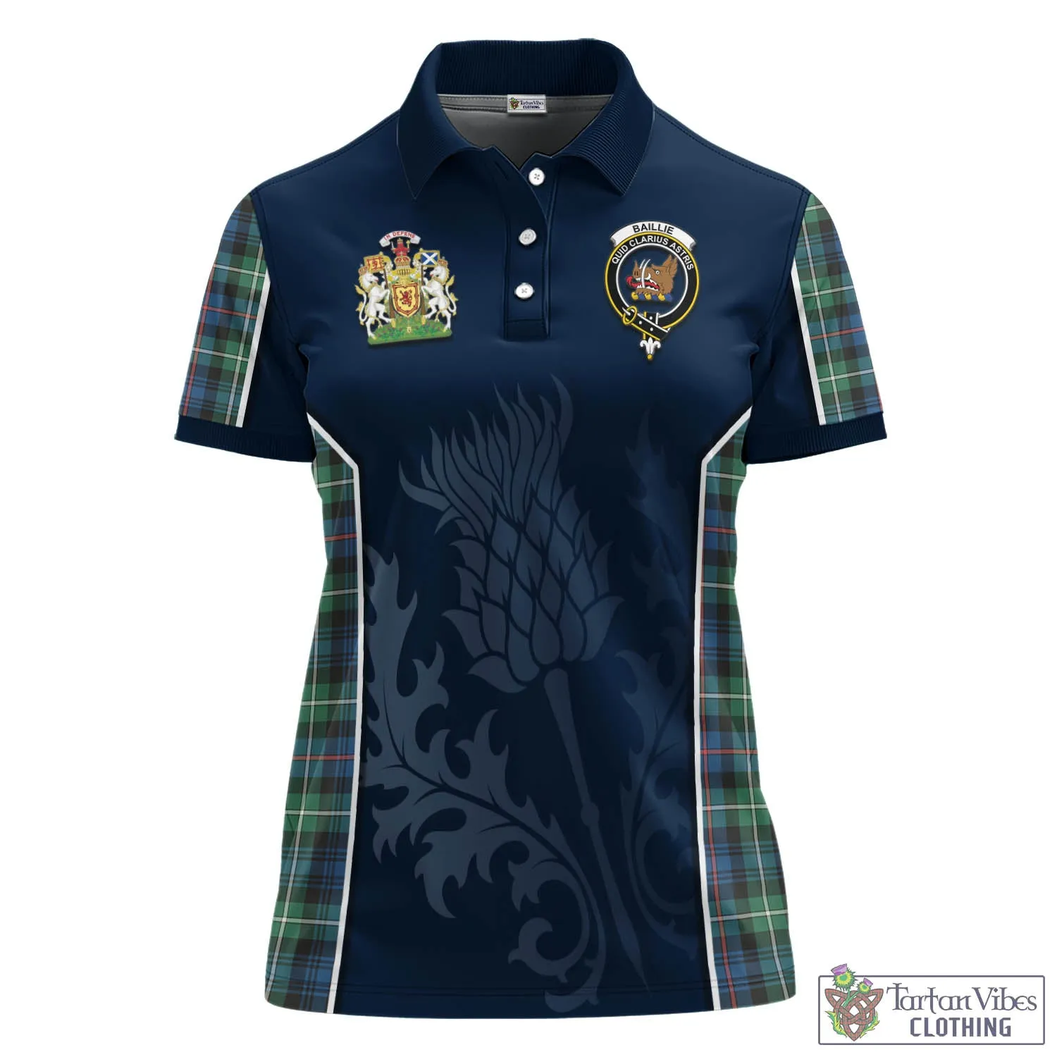 Baillie Ancient Tartan Women's Polo Shirt with Family Crest and Scottish Thistle Vibes Sport Style