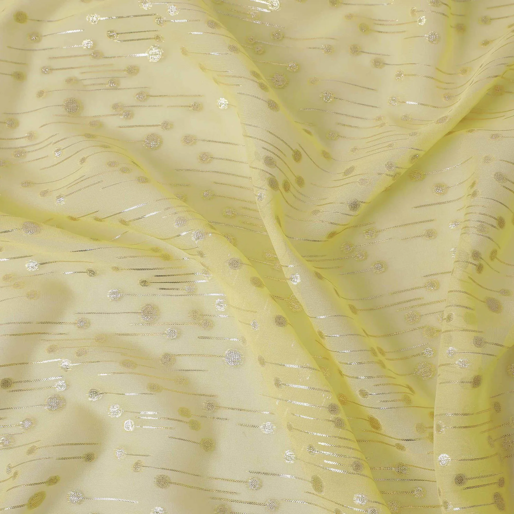 Banana yellow premium pure silk chiffon fabric with gold and silver metallic lurex in fancy design-D13230