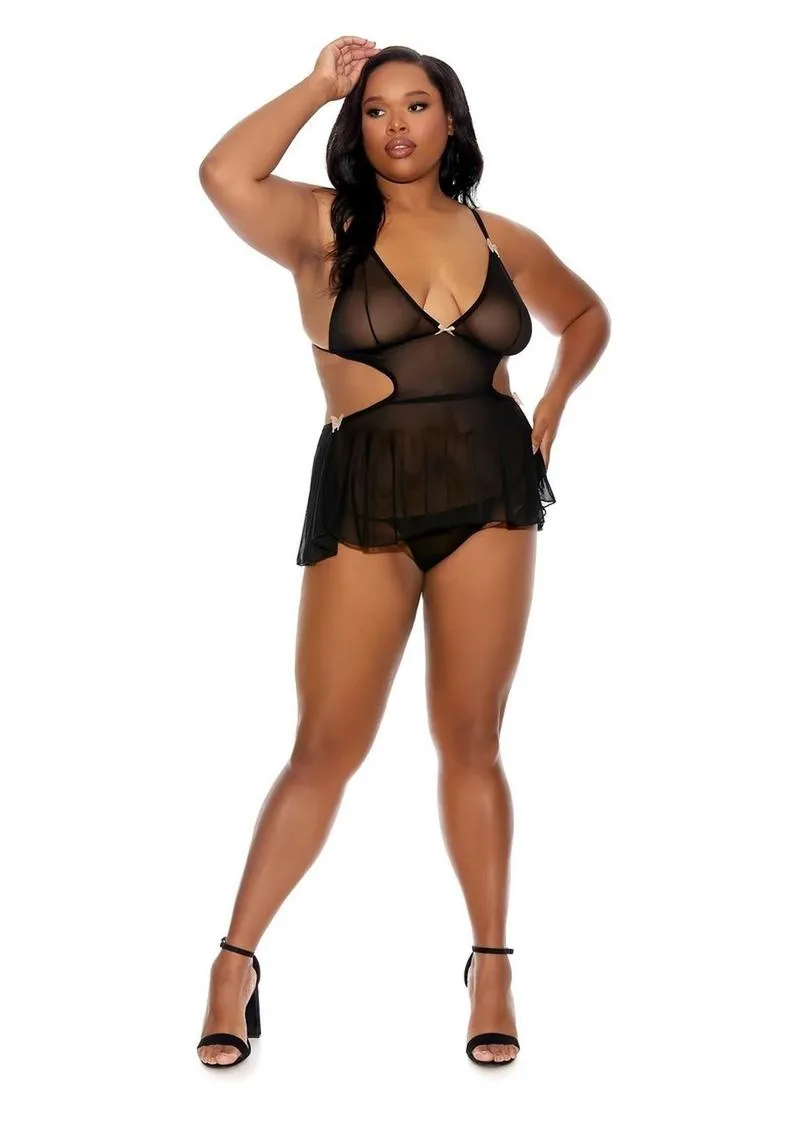 Barely Bare Tie-Back Baby Doll Teddy and Thong