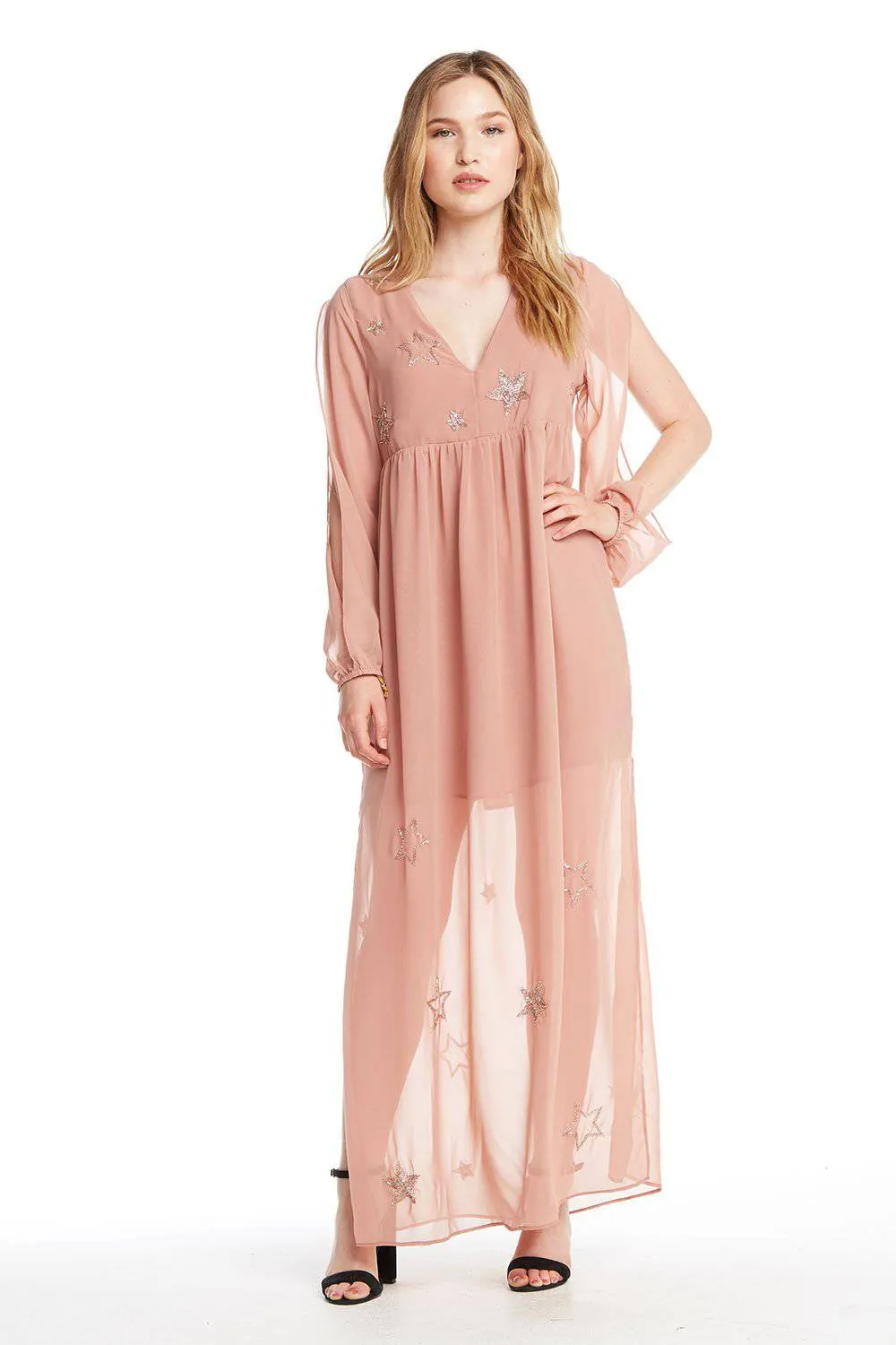 BEADED STAR L/S V NECK MAXI DRESS