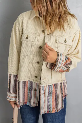 Beige Button Up Pockets Striped Color Block Corduroy Jacket 🖤 | Gothic Outlaws - Where Style Meets Comfort 💀