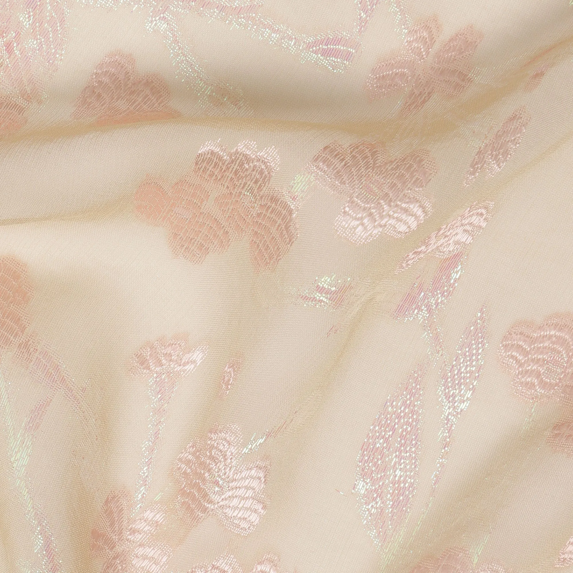 Beige Silk Chiffon Fabric with Pink Floral Embroidery and Metallic Lurex, 110 cm Width, Made in South Korea-D21152