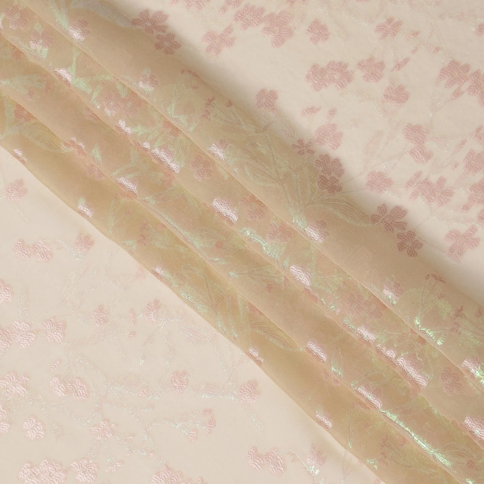 Beige Silk Chiffon Fabric with Pink Floral Embroidery and Metallic Lurex, 110 cm Width, Made in South Korea-D21152