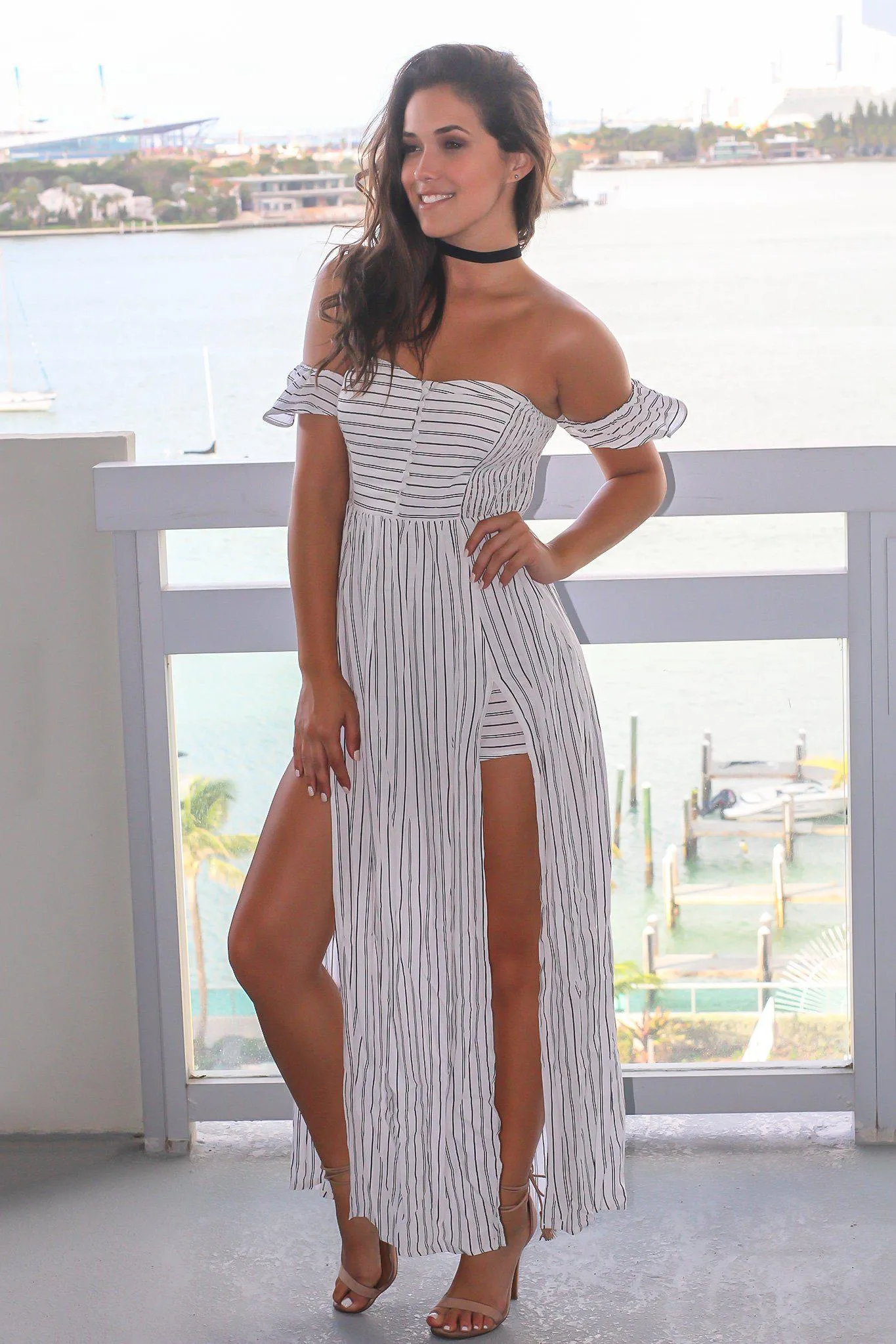 Black and White Striped Off Shoulder Maxi Romper