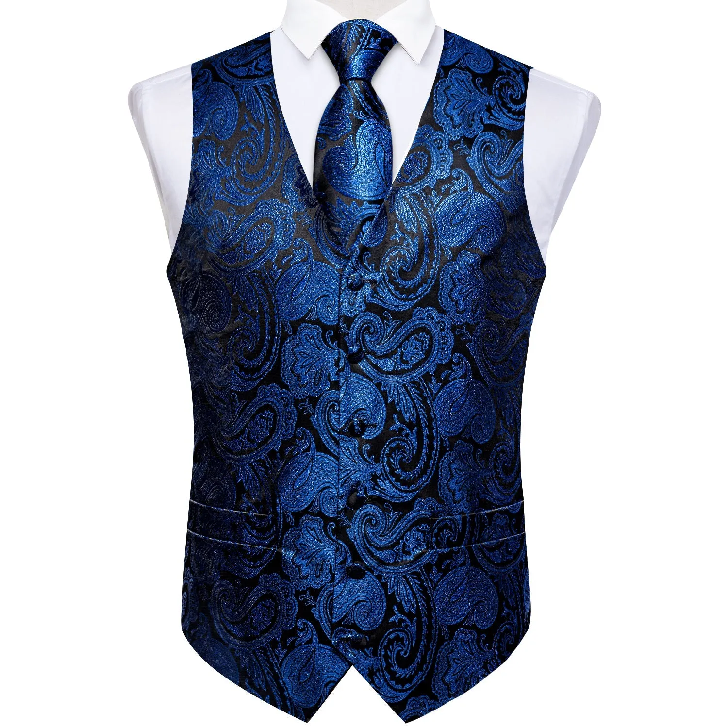 Black Blue Paisley Jacquard Silk Men's Vest Hanky Cufflinks Tie Set