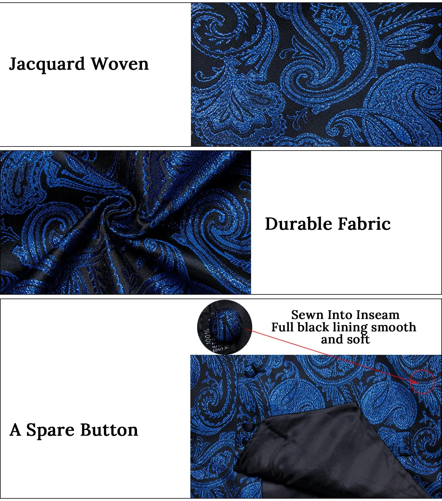 Black Blue Paisley Jacquard Silk Men's Vest Hanky Cufflinks Tie Set