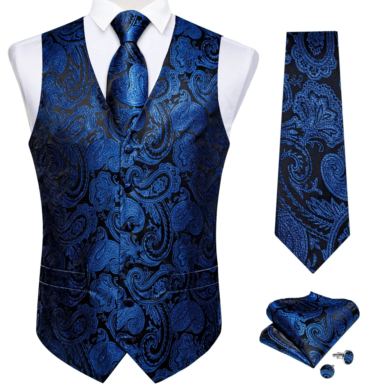 Black Blue Paisley Jacquard Silk Men's Vest Hanky Cufflinks Tie Set