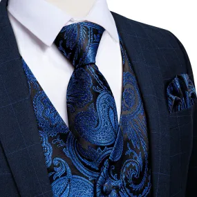 Black Blue Paisley Jacquard Silk Men's Vest Hanky Cufflinks Tie Set