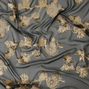 Black French silk chiffon fabric with beige, gold viscose and golden metallic lurex in floral design