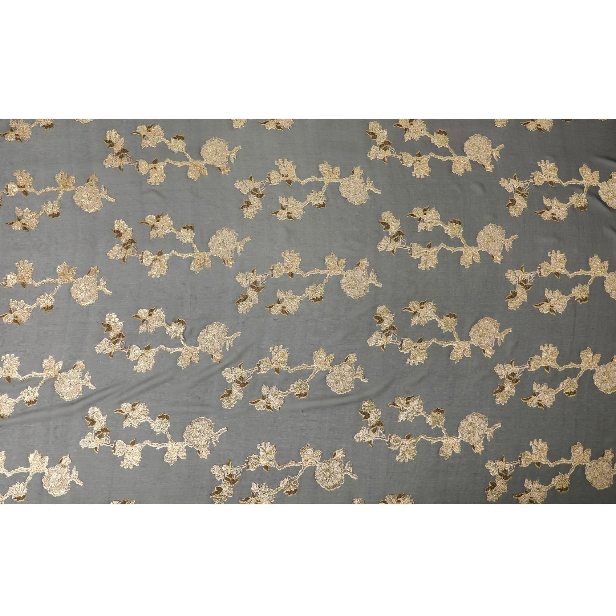 Black French silk chiffon fabric with beige, gold viscose and golden metallic lurex in floral design