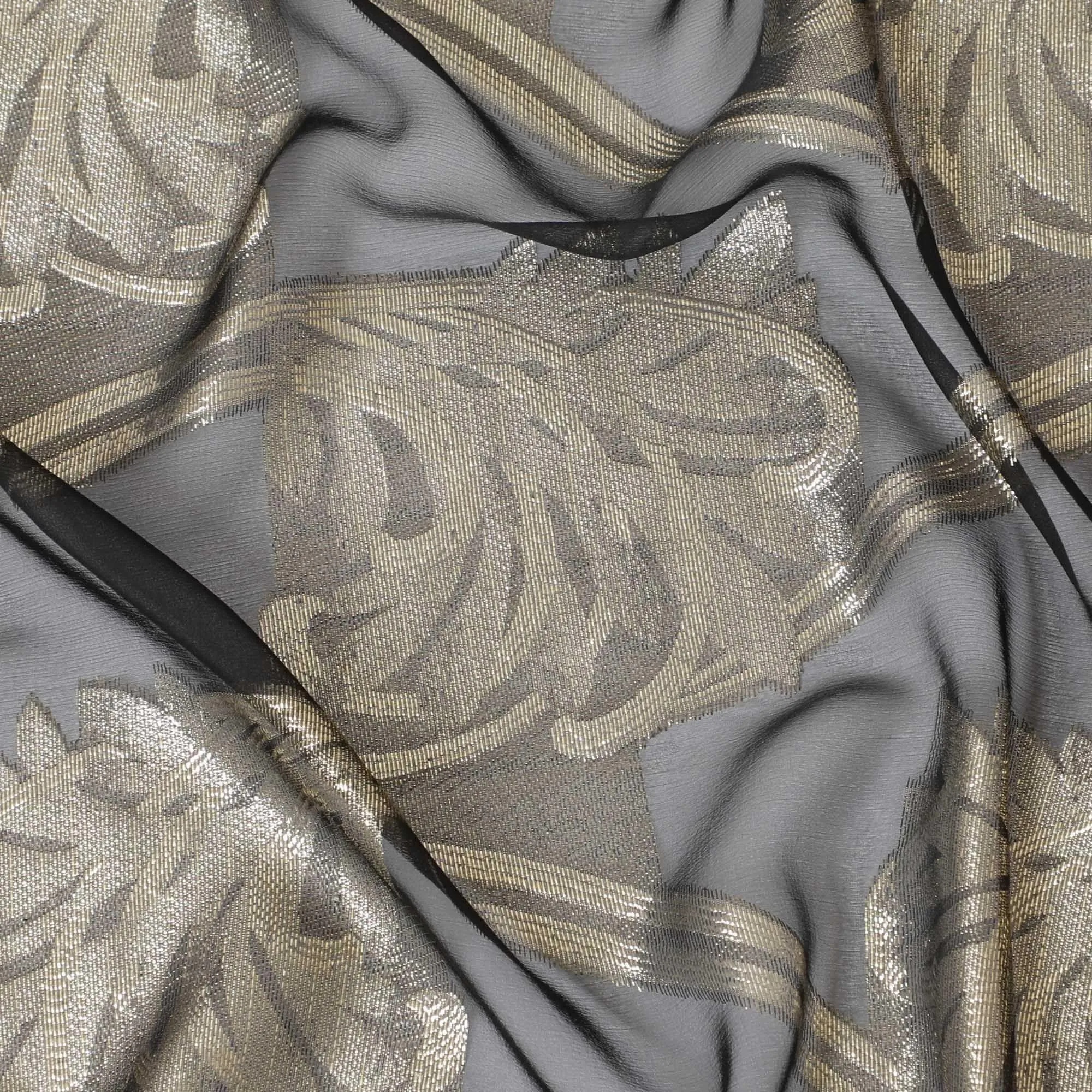 Black Premium pure French (Fransawi) silk chiffon fabric with gold metallic lurex in floral design-D9669