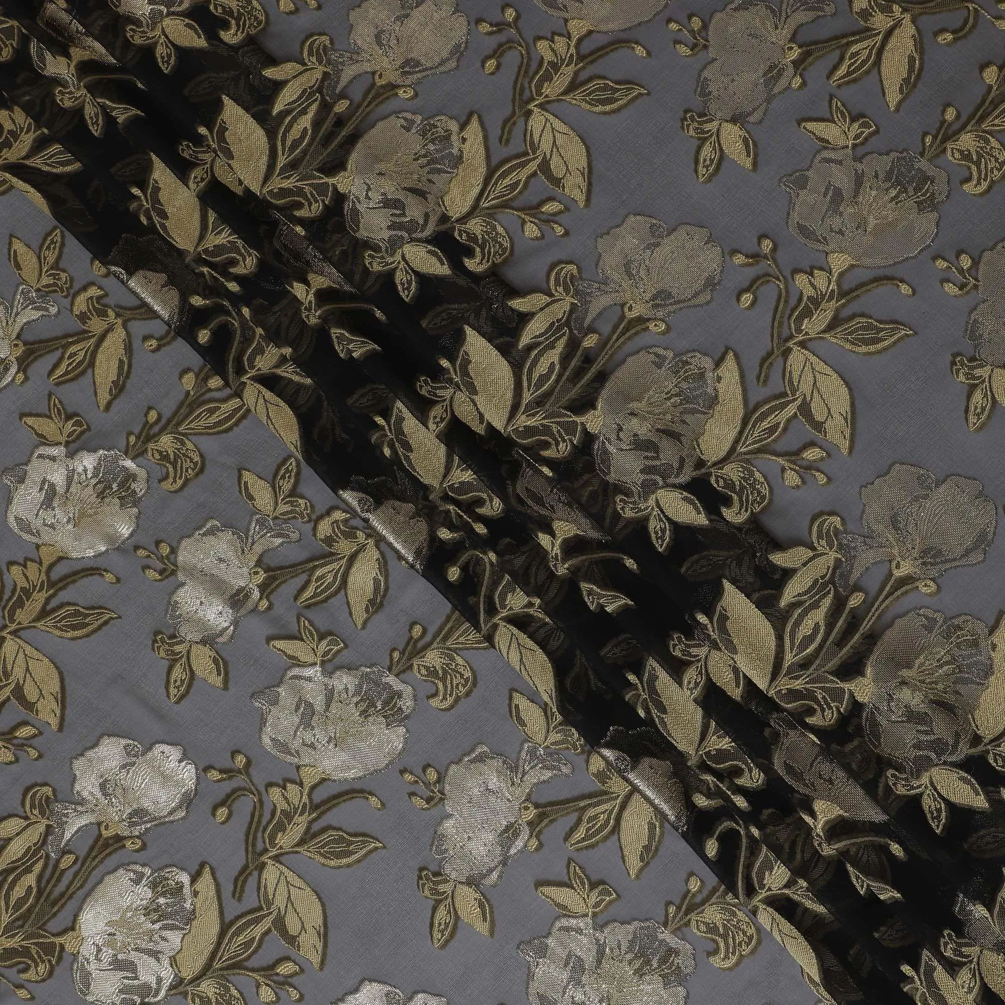 Black Premium pure French (Fransawi) silk chiffon fabric with gold viscose having metallic lurex in floral design-D15635