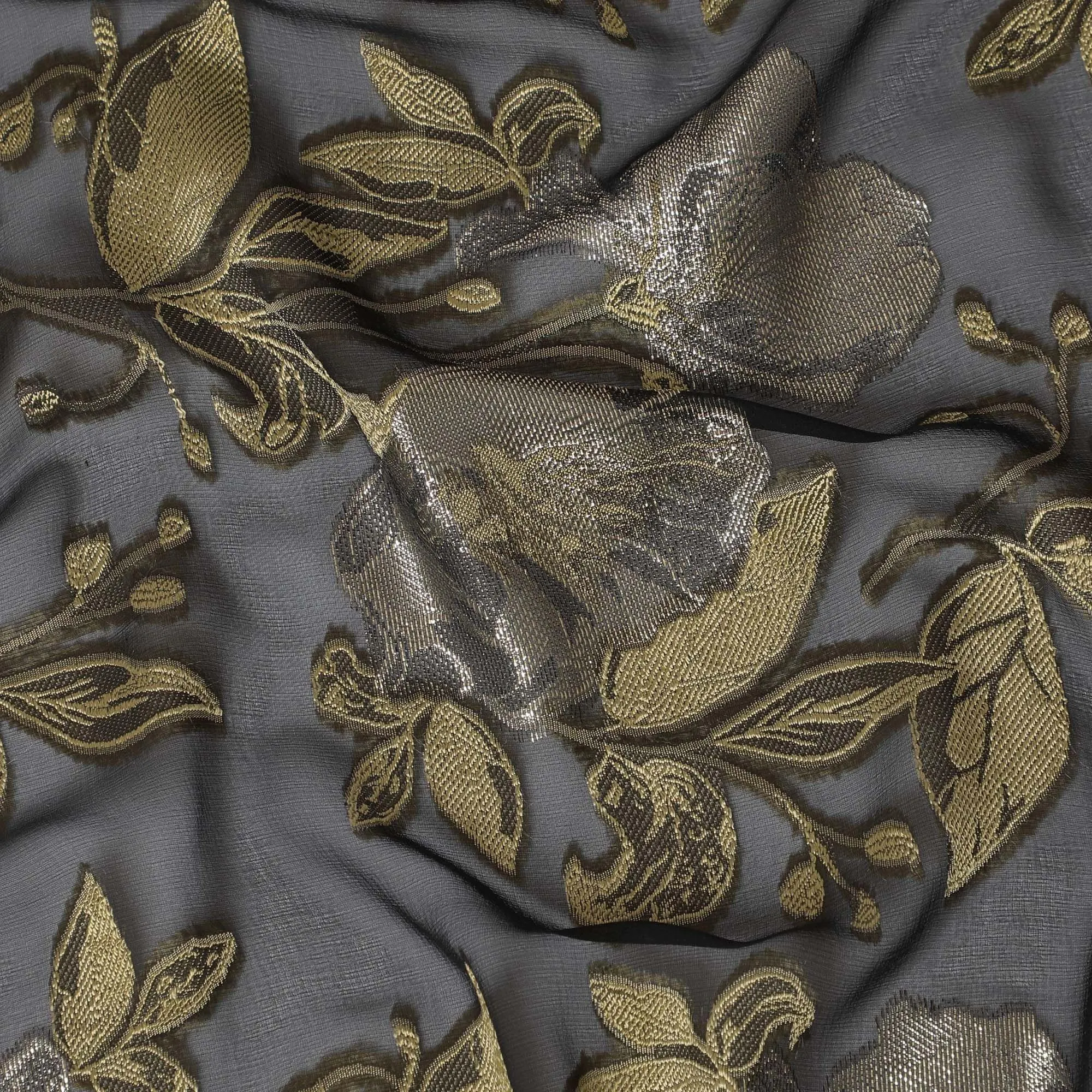 Black Premium pure French (Fransawi) silk chiffon fabric with gold viscose having metallic lurex in floral design-D15635