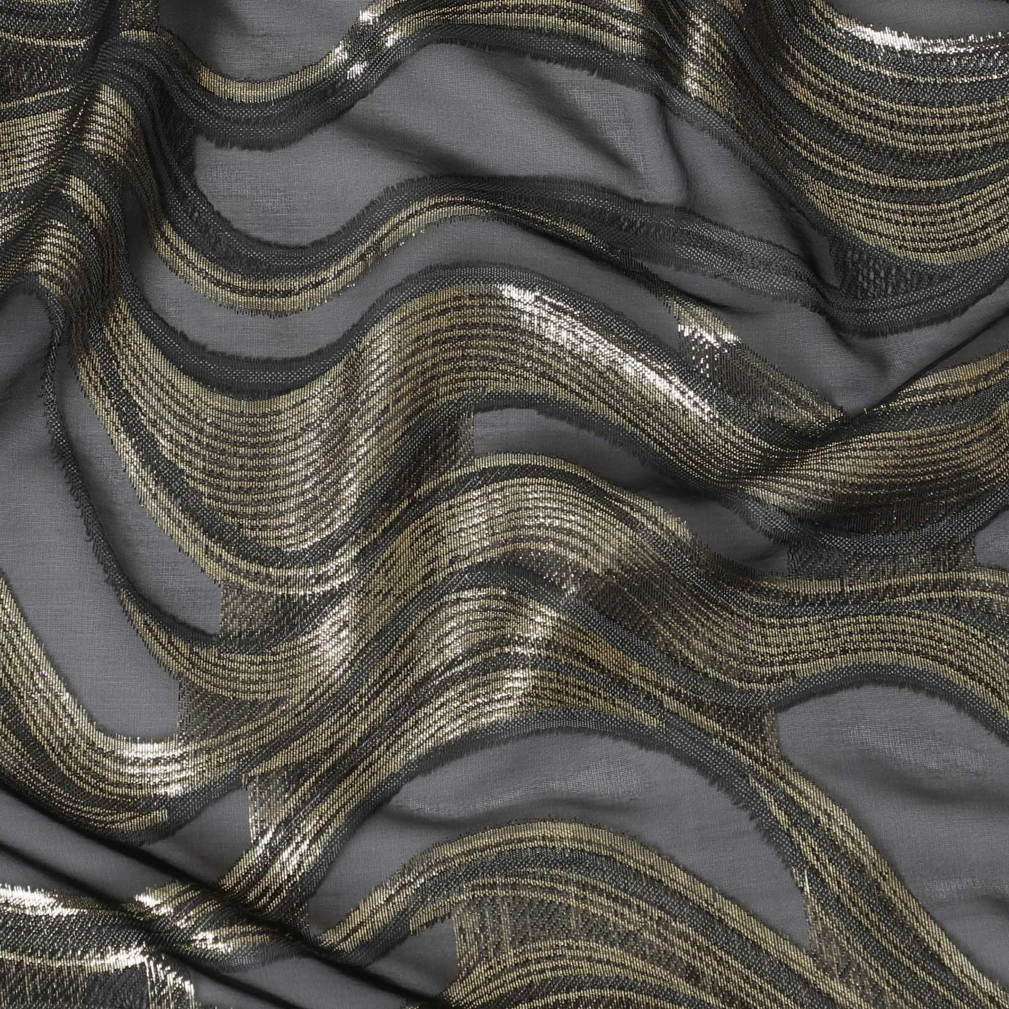 Black Premium pure French (Fransawi) silk chiffon fabric with grey viscose and gold metallic lurex in abstract design-D14272