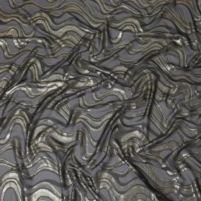 Black Premium pure French (Fransawi) silk chiffon fabric with grey viscose and gold metallic lurex in abstract design-D14272