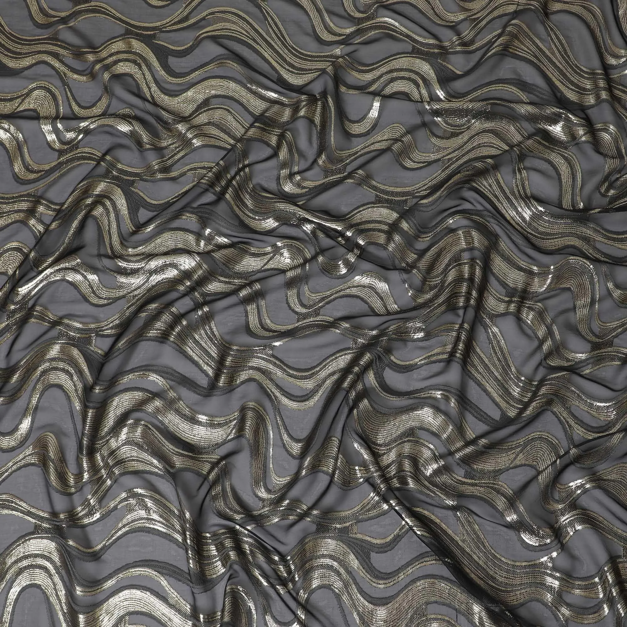 Black Premium pure French (Fransawi) silk chiffon fabric with grey viscose and gold metallic lurex in abstract design-D14272