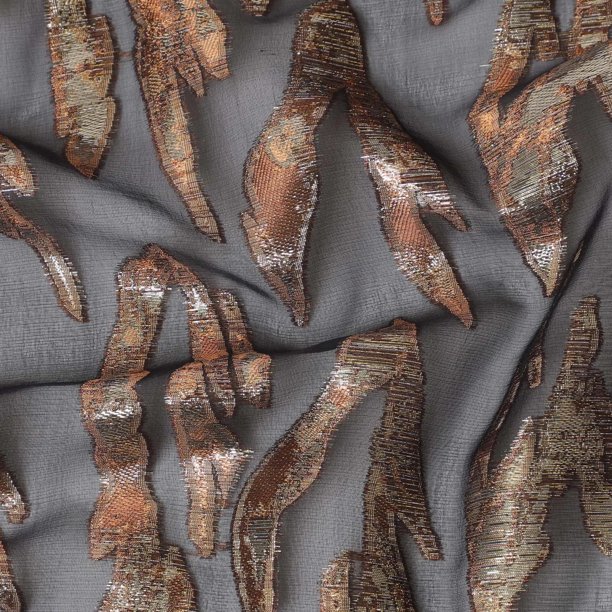 Black premium pure silk chiffon fabric with copper gold metallic lurex in abstract design-D16877