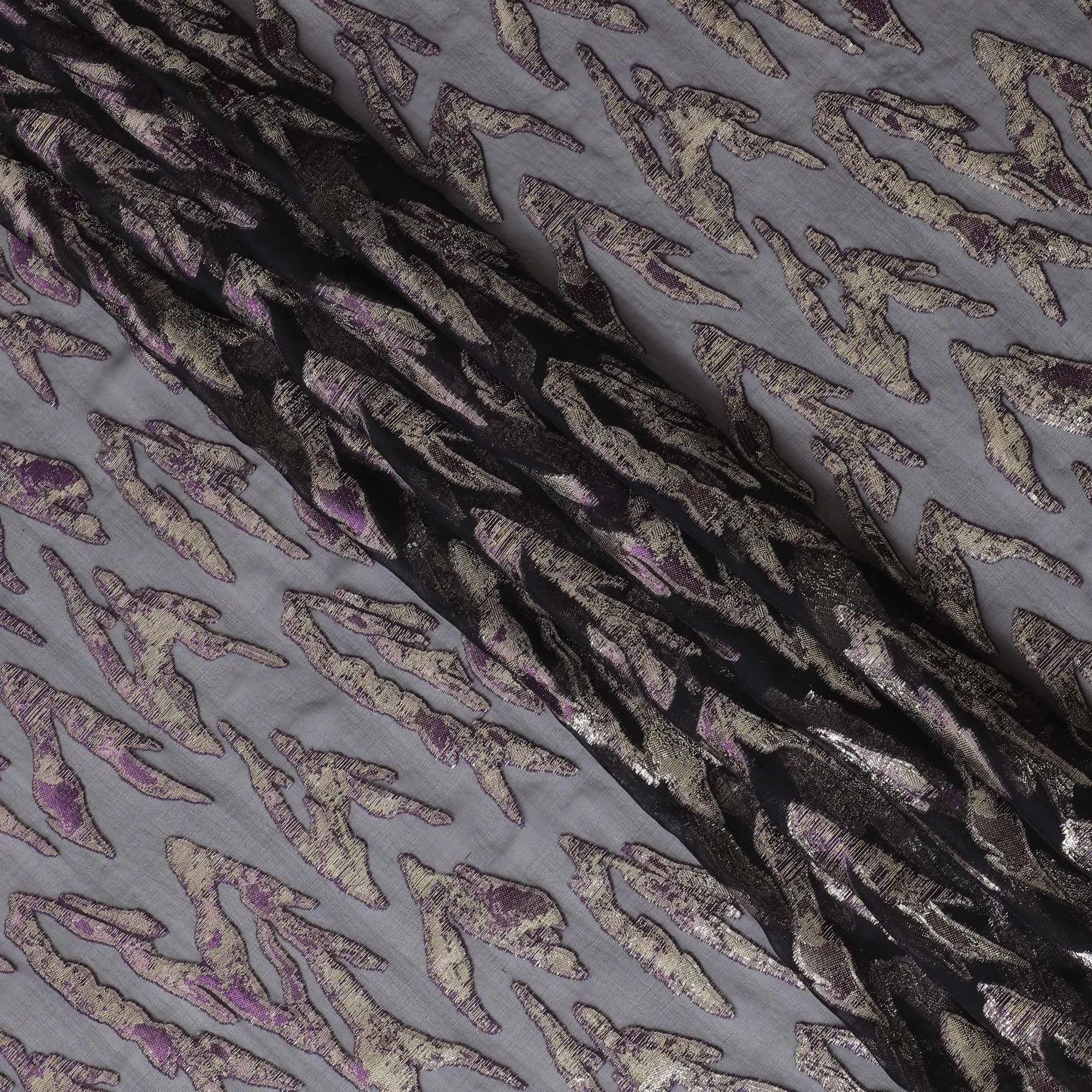 Black Premium pure silk chiffon fabric with gold and purple metallic lurex in abstract design-D17215