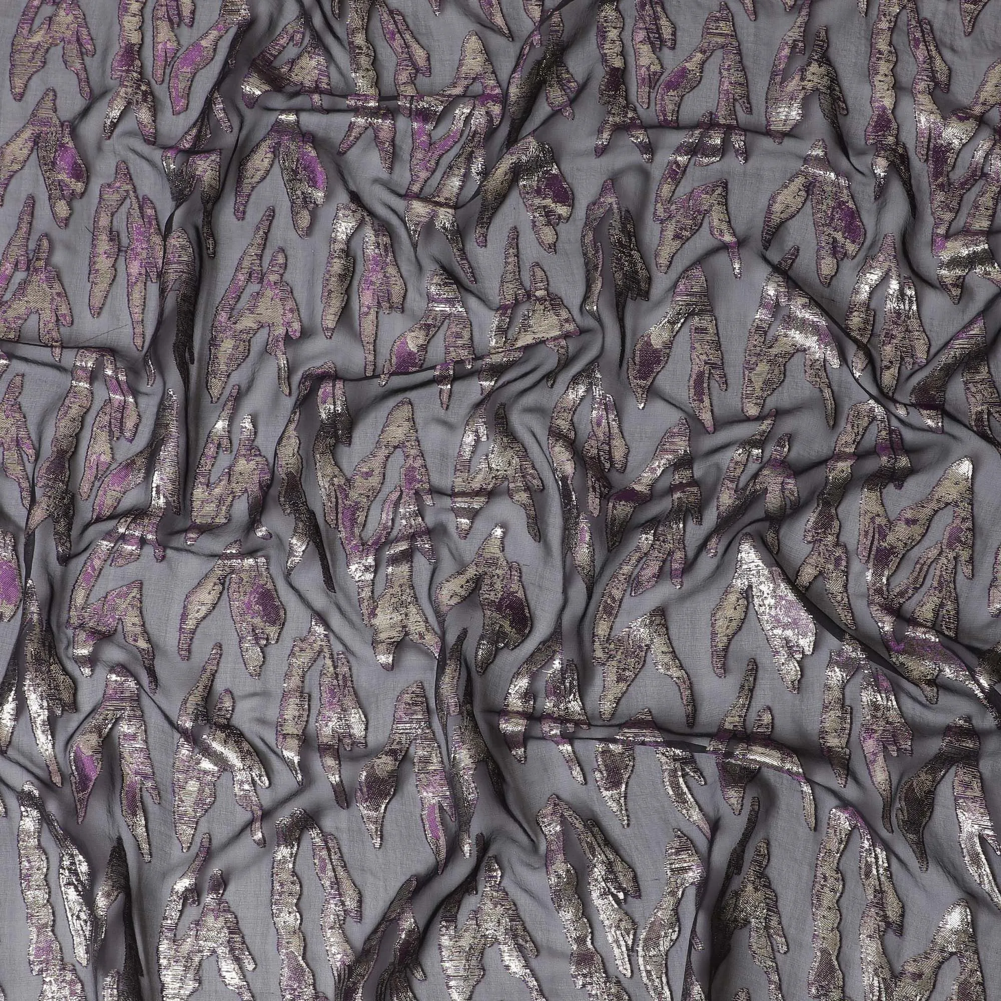 Black Premium pure silk chiffon fabric with gold and purple metallic lurex in abstract design-D17215