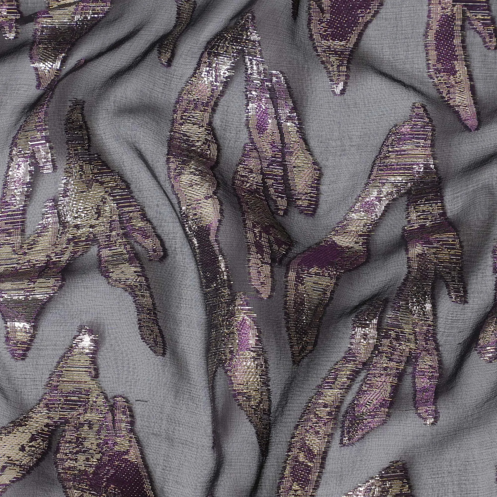 Black Premium pure silk chiffon fabric with gold and purple metallic lurex in abstract design-D17215