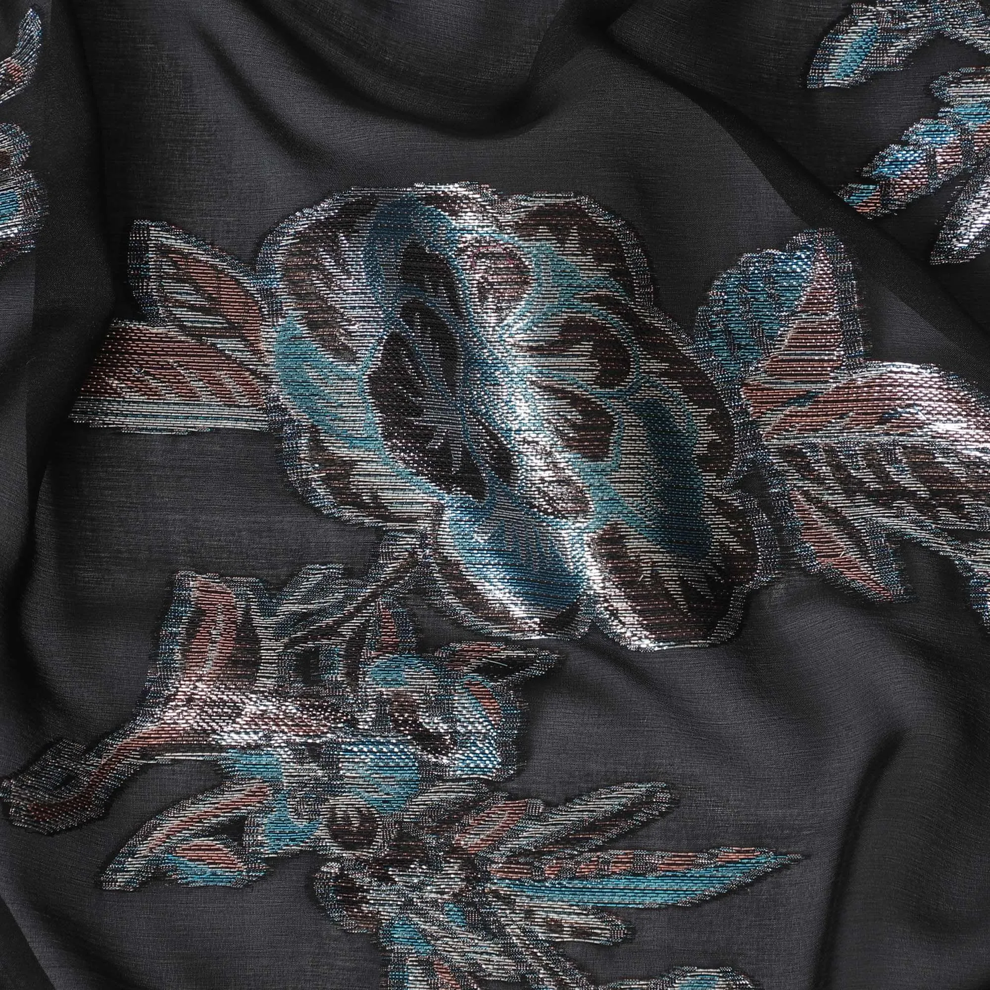 Black premium pure silk chiffon fabric with silver, baby blue and copper metallic lurex in floral design-D11501