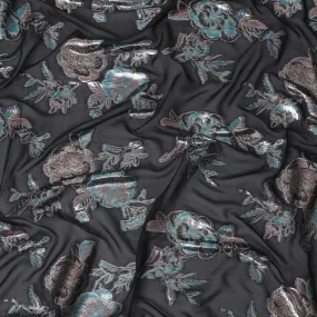 Black premium pure silk chiffon fabric with silver, baby blue and copper metallic lurex in floral design-D11501