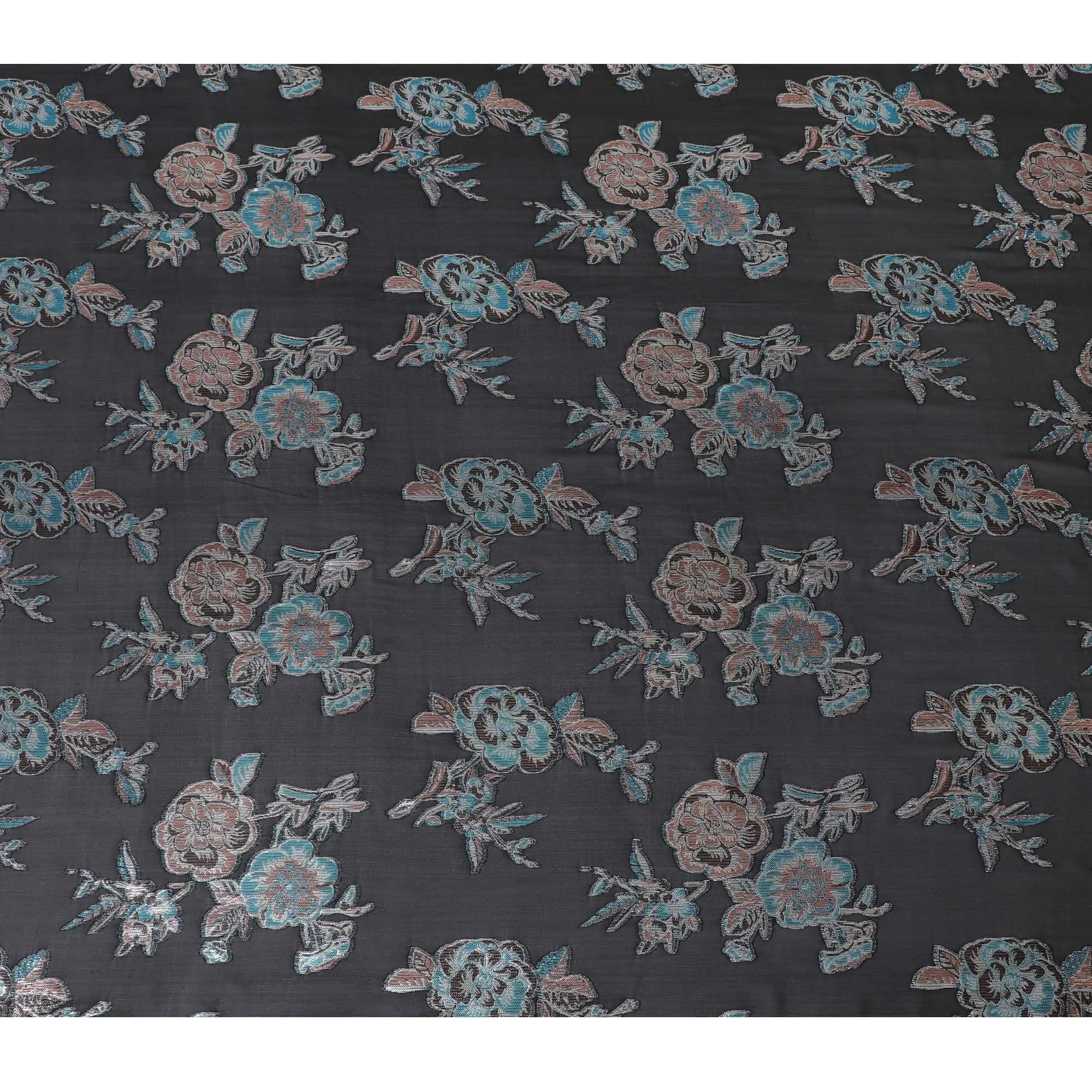 Black premium pure silk chiffon fabric with silver, baby blue and copper metallic lurex in floral design-D11501