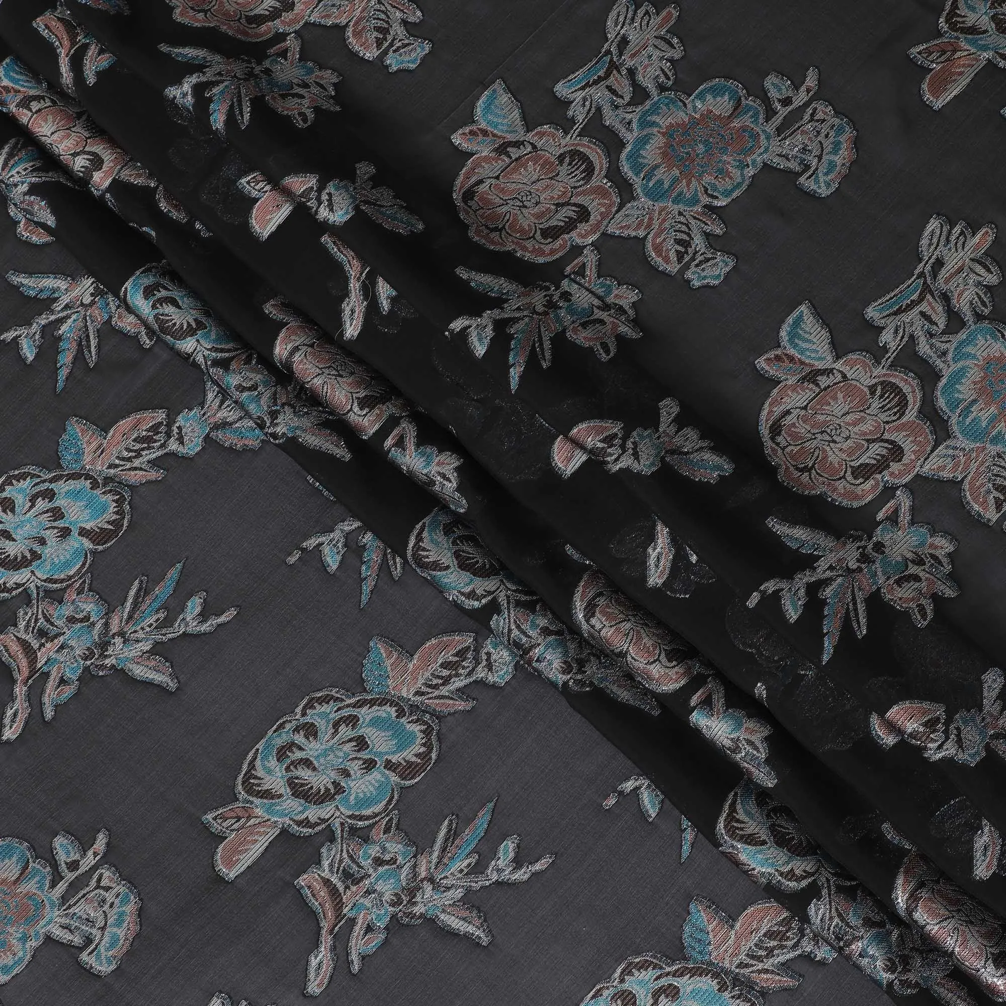 Black premium pure silk chiffon fabric with silver, baby blue and copper metallic lurex in floral design-D11501