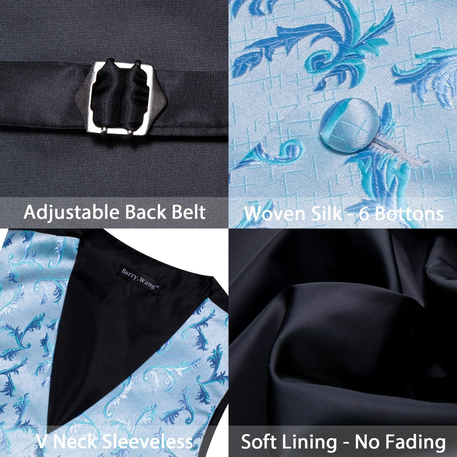 Blue Floral Silk Men's Vest Hanky Cufflinks Tie Set