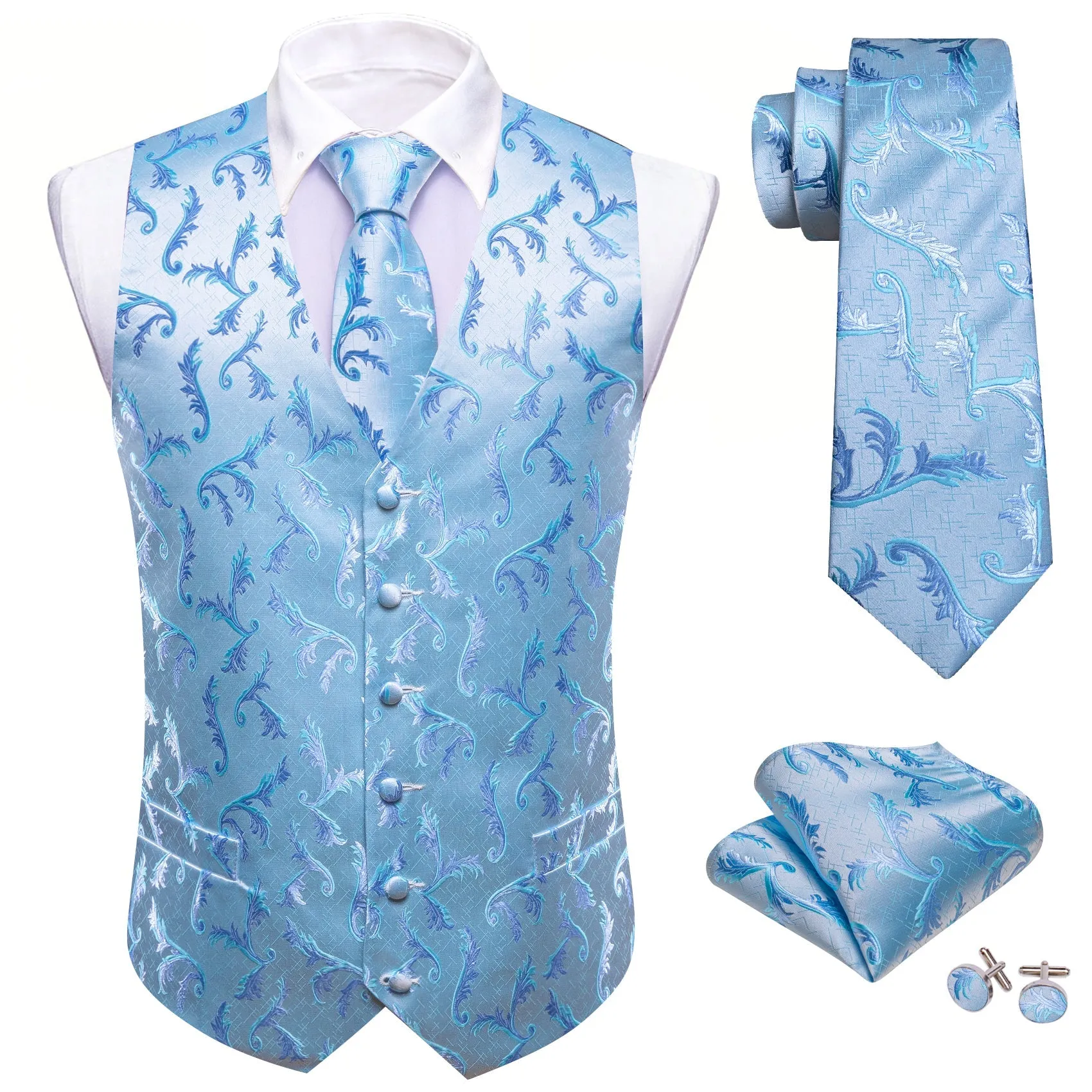 Blue Floral Silk Men's Vest Hanky Cufflinks Tie Set