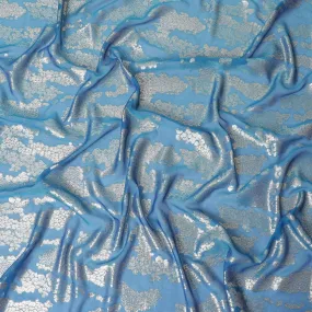 Blue green premium pure silk chiffon fabric with gold metallic lurex in fancy design-D10345