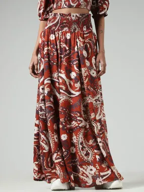 Bombay Paisley Rust Paisley Printed Smocked Maxi Skirt