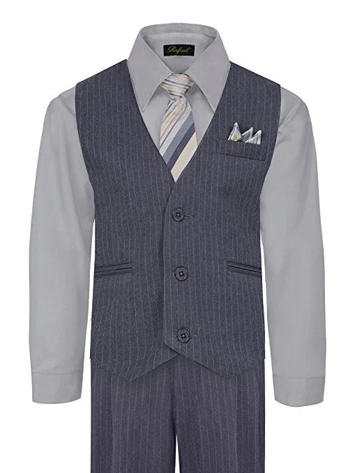 Boys Vest Pants Pinstriped 5 Piece Set With Shirt And Tie - Gray / Silver