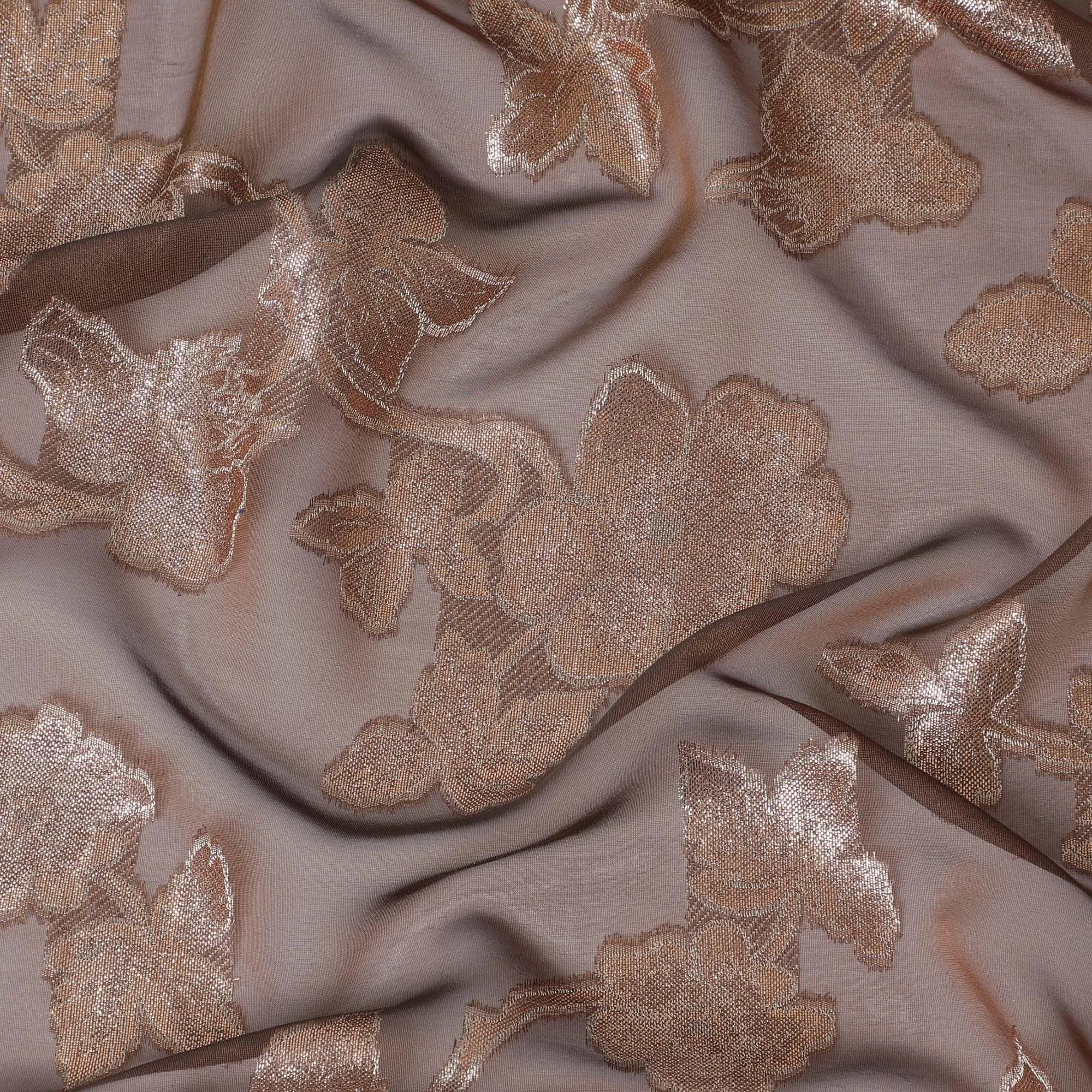 Brown Premium pure French (Fransawi) silk chiffon fabric with same tone viscose and metallic lurex in floral design-D10587