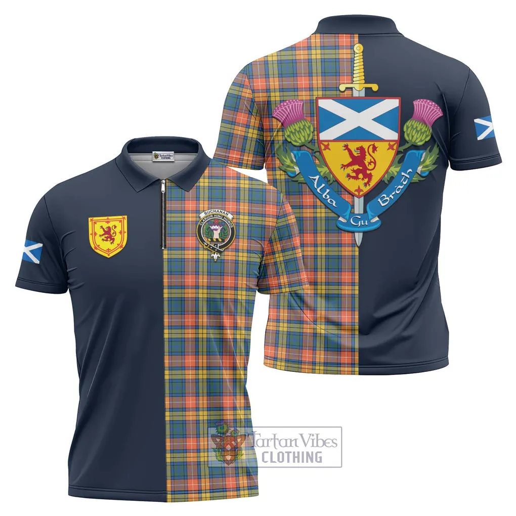 Buchanan Ancient Tartan Zipper Polo Shirt Alba with Scottish Lion Royal Arm Half Style