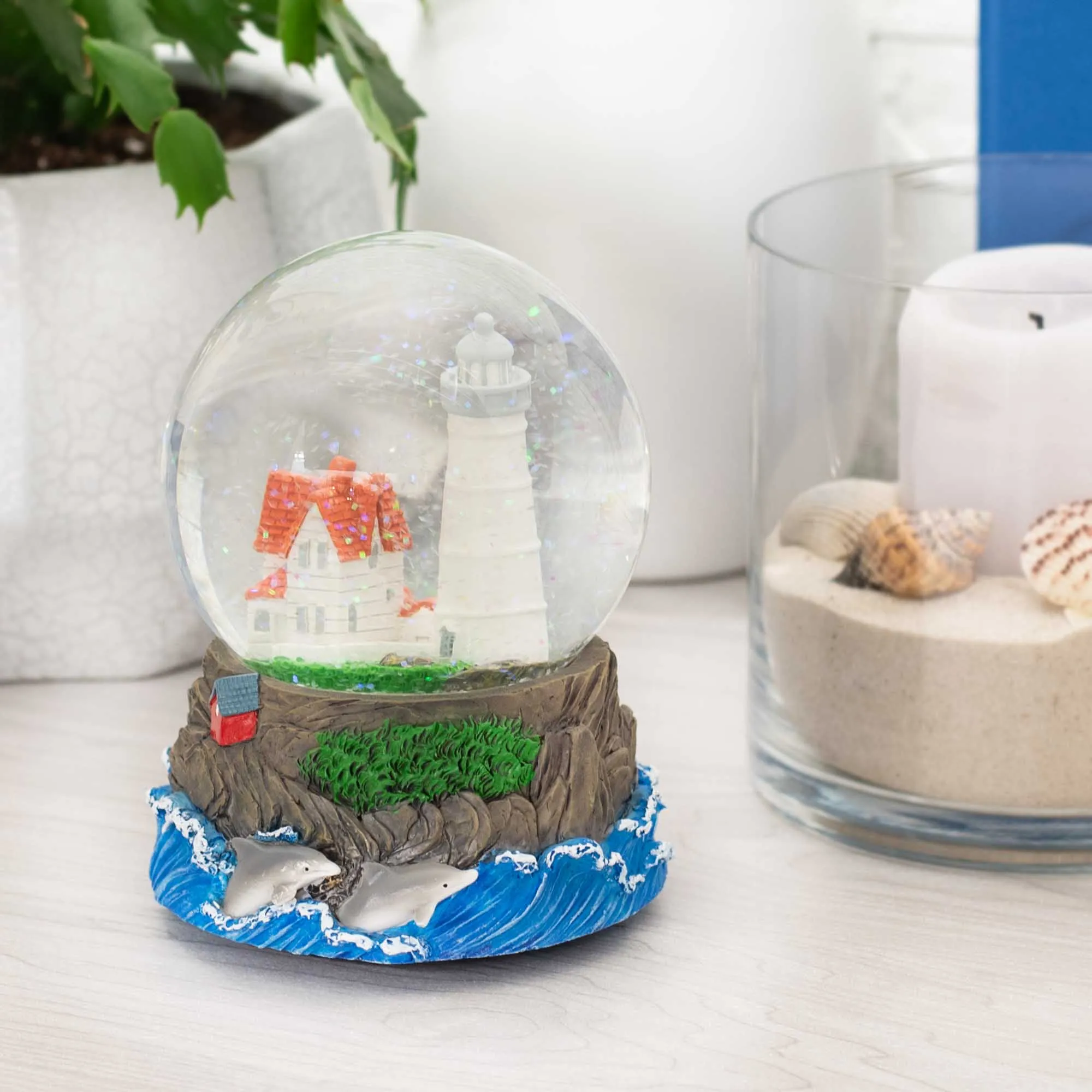 Cape Cod Lighthouse Cottage 100MM Music Snow Globe Plays Tune By the Beautiful Sea