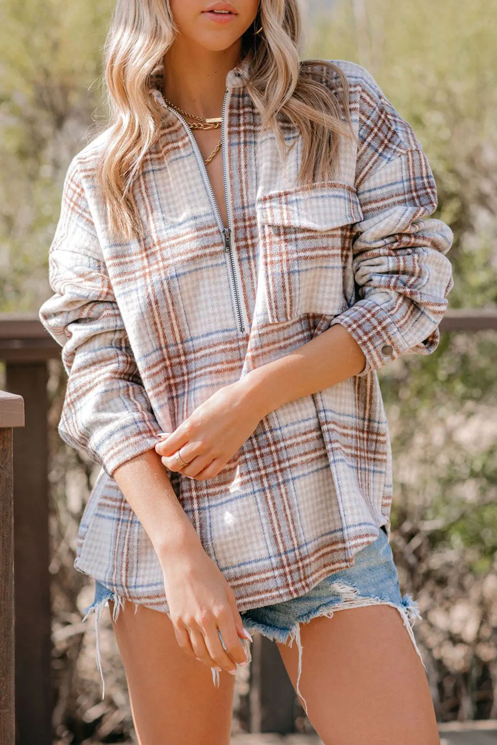 Chest Pocket Plaid Half Zip Sweatshirt