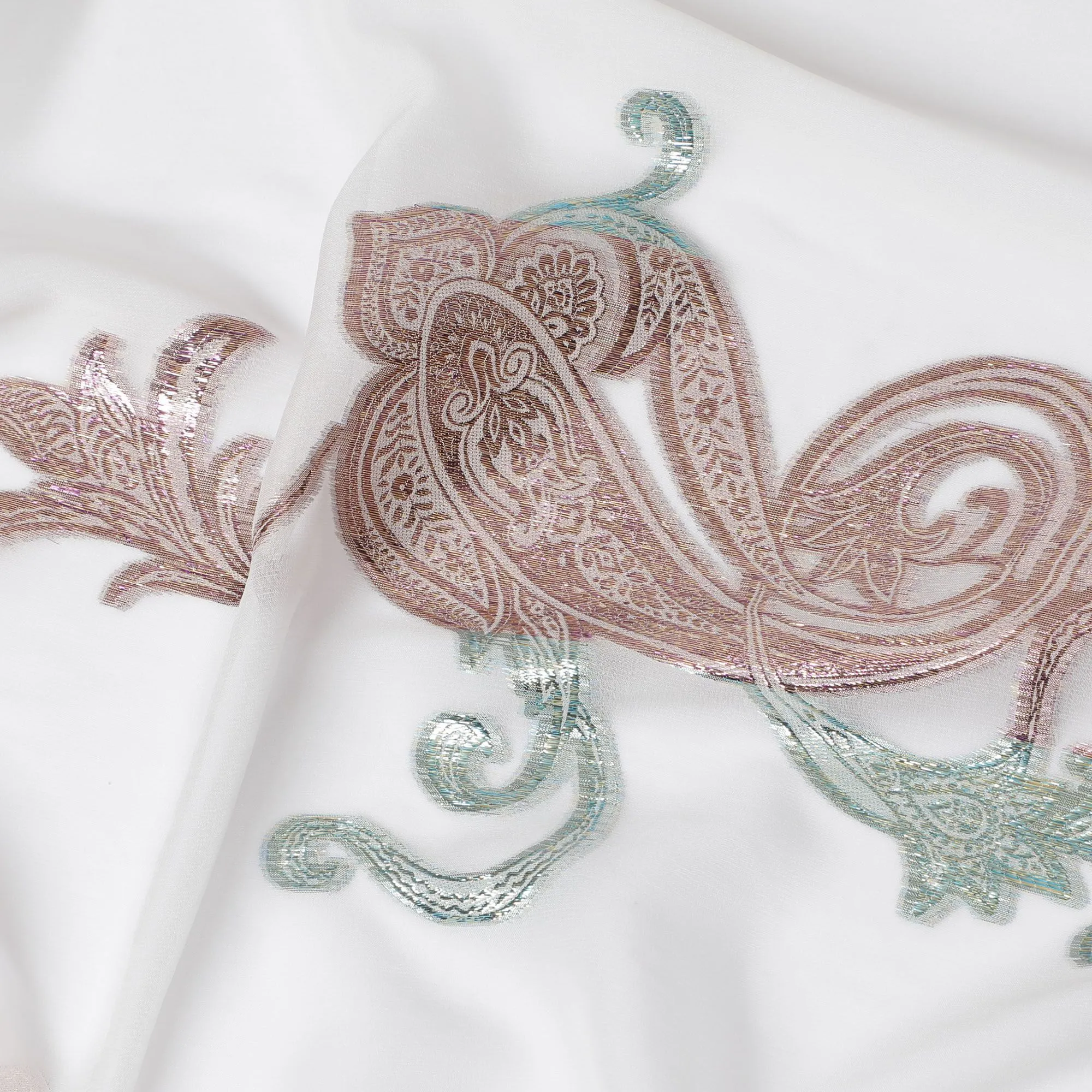 Classic White Silk Chiffon with Embroidered Paisley, 140cm - Elegant South Korean Textile-D17793