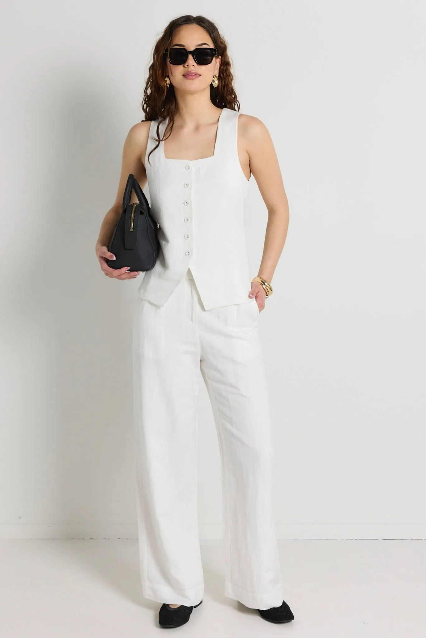 Coastal Ivory Linen Viscose Longline Square Neck Vest