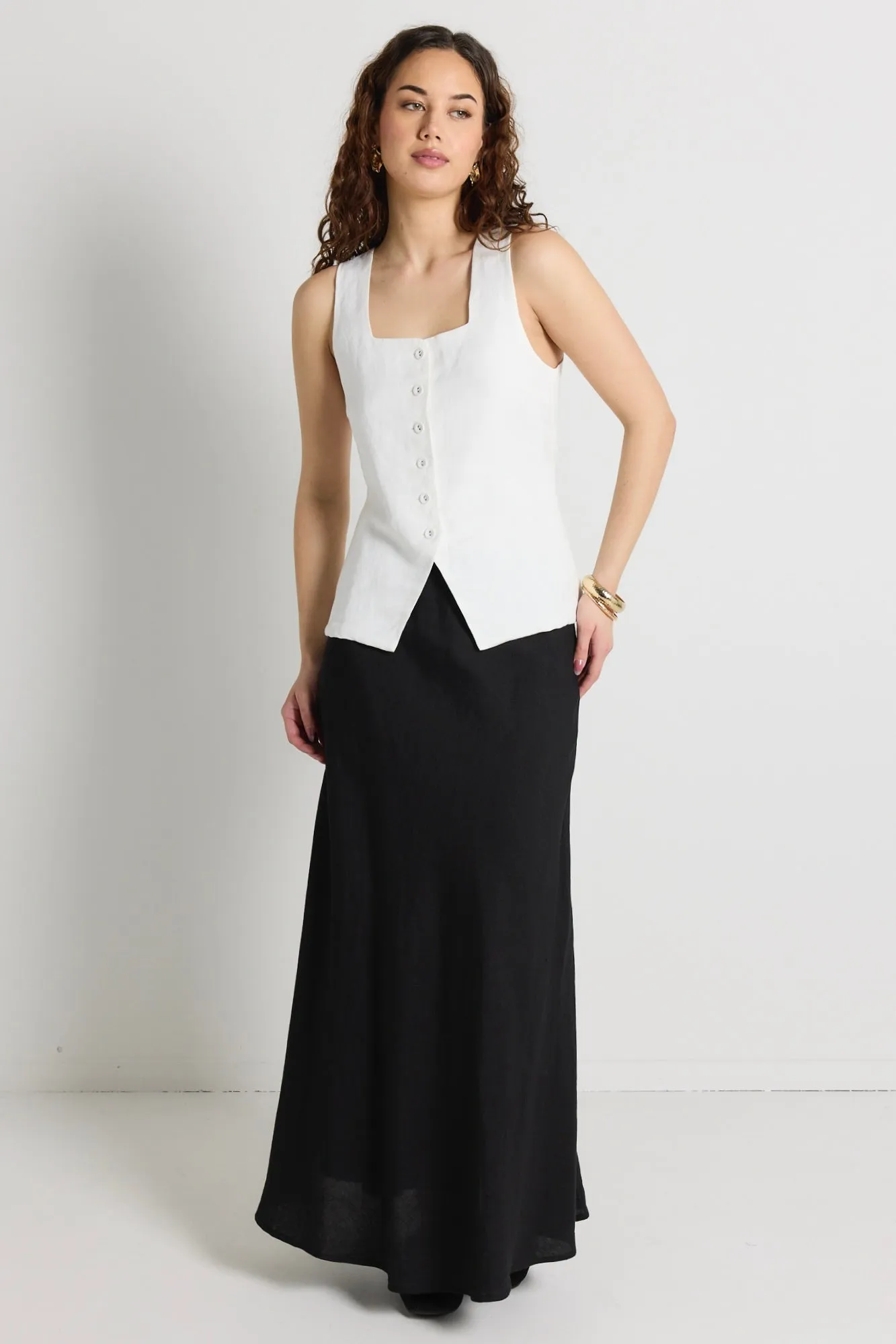 Coastal Ivory Linen Viscose Longline Square Neck Vest