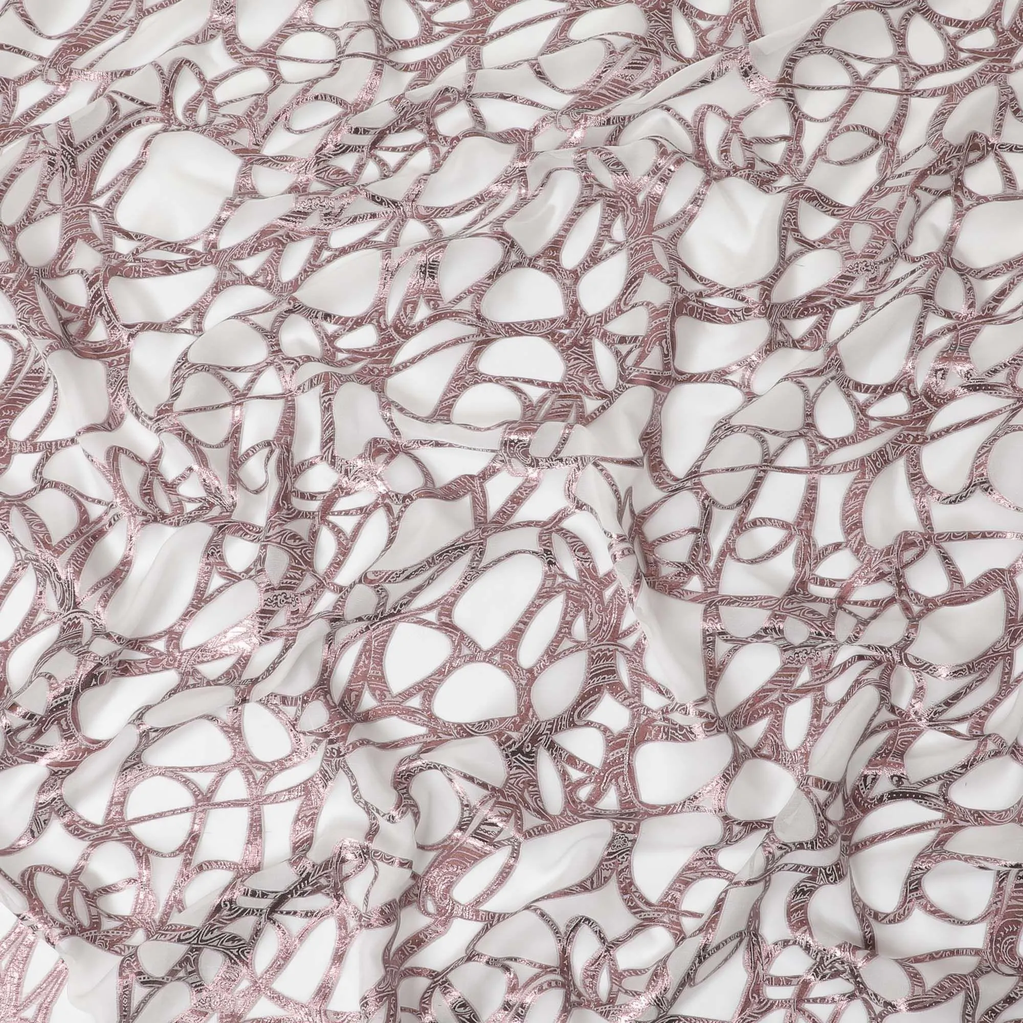 Cream premium pure silk chiffon fabric with rose pink metallic lurex in abstract design-D10540