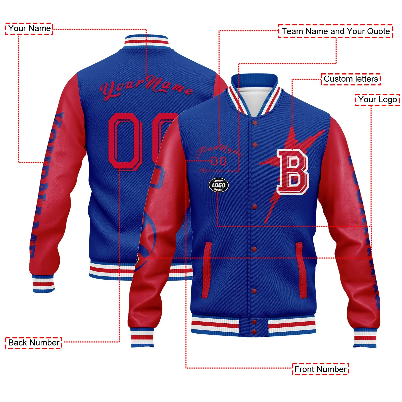 Custom Blue Red Buffalo Jacket Bomber Full-Snap Varsity Letterman Personalized Jacket FZ005SX-D020290-4