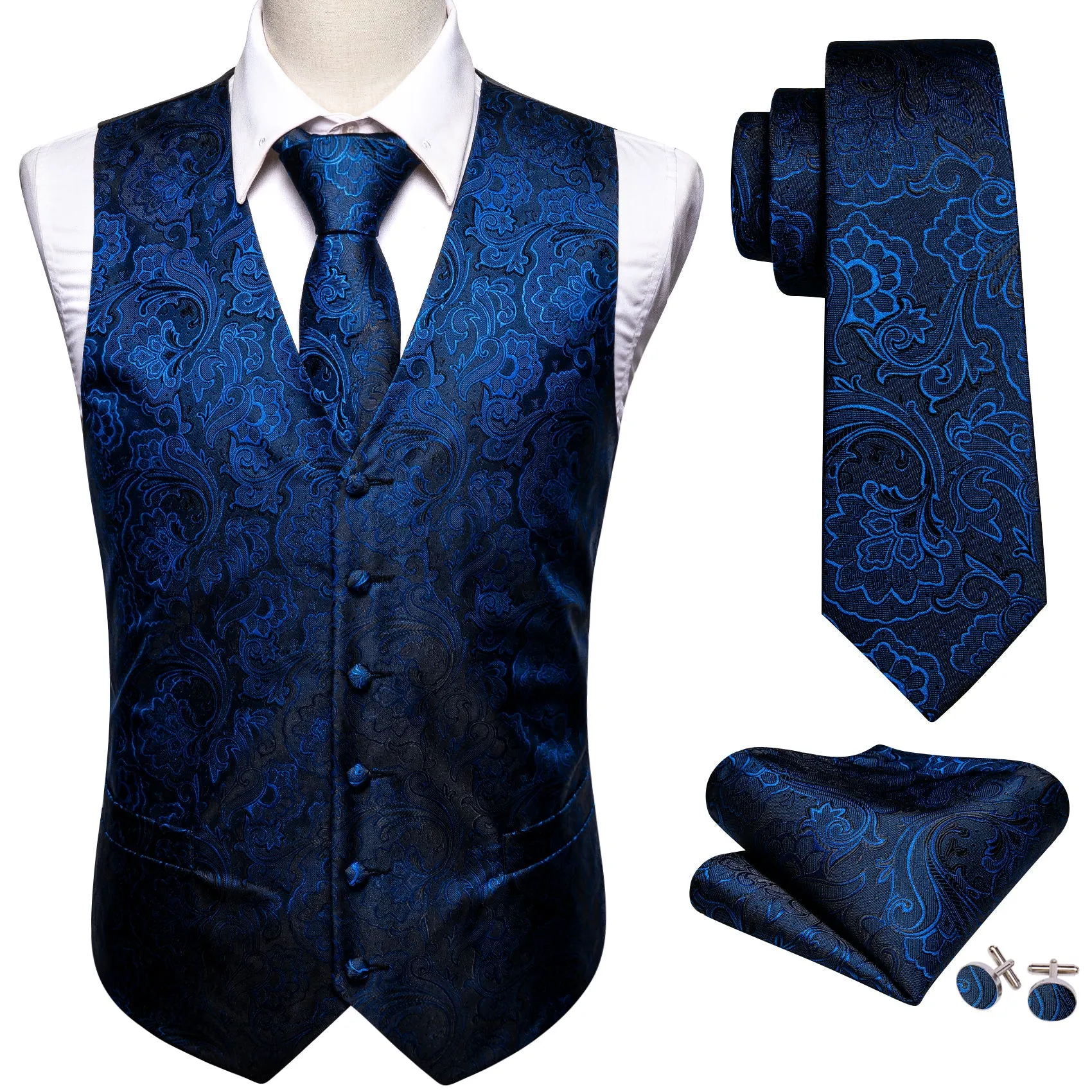 Dark Blue Floral Jacquard Silk Men's Vest Hanky Cufflinks Tie Set