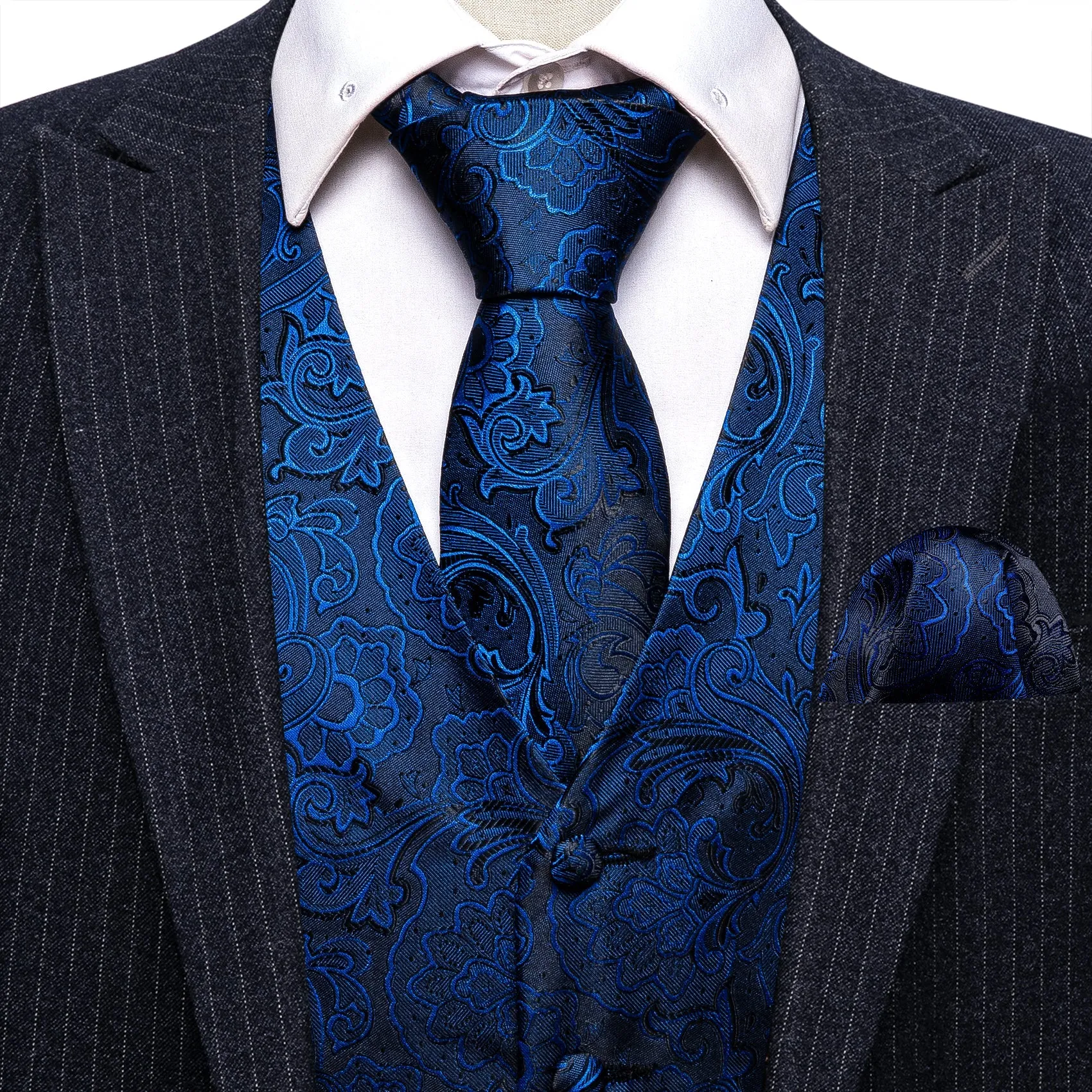 Dark Blue Floral Jacquard Silk Men's Vest Hanky Cufflinks Tie Set