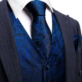 Dark Blue Floral Jacquard Silk Men's Vest Hanky Cufflinks Tie Set