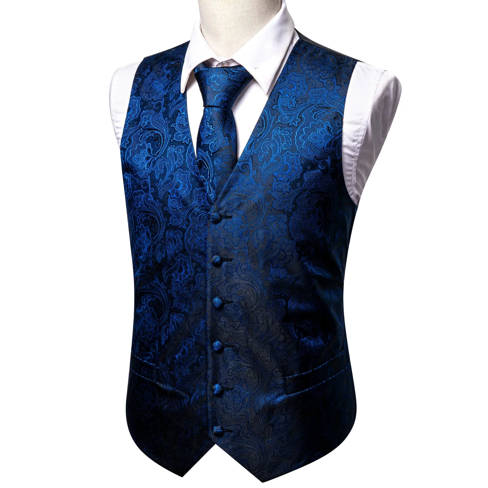 Dark Blue Floral Jacquard Silk Men's Vest Hanky Cufflinks Tie Set