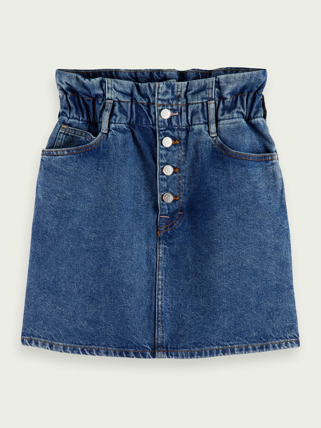 Denim paper bag mini skirt in A New View