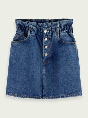 Denim paper bag mini skirt in A New View