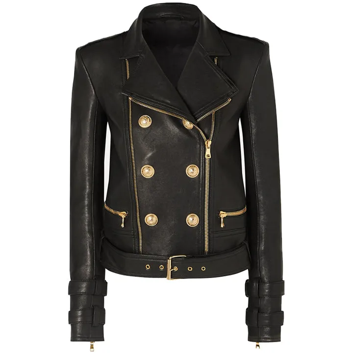 Designer Women's Lion Button Leather Biker Jacket