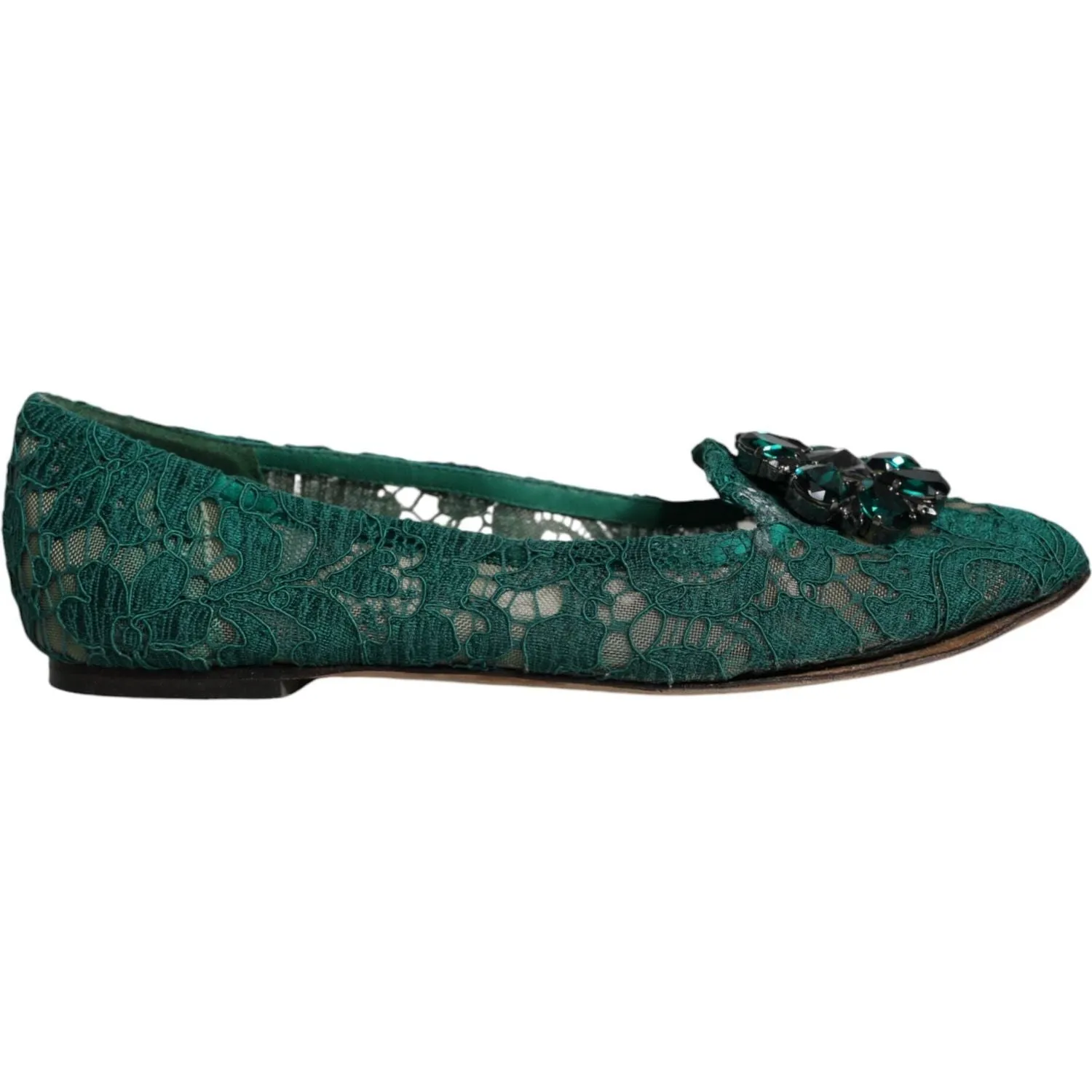 Dolce & Gabbana Green Lace Crystal Ballet Flats Loafers Shoes